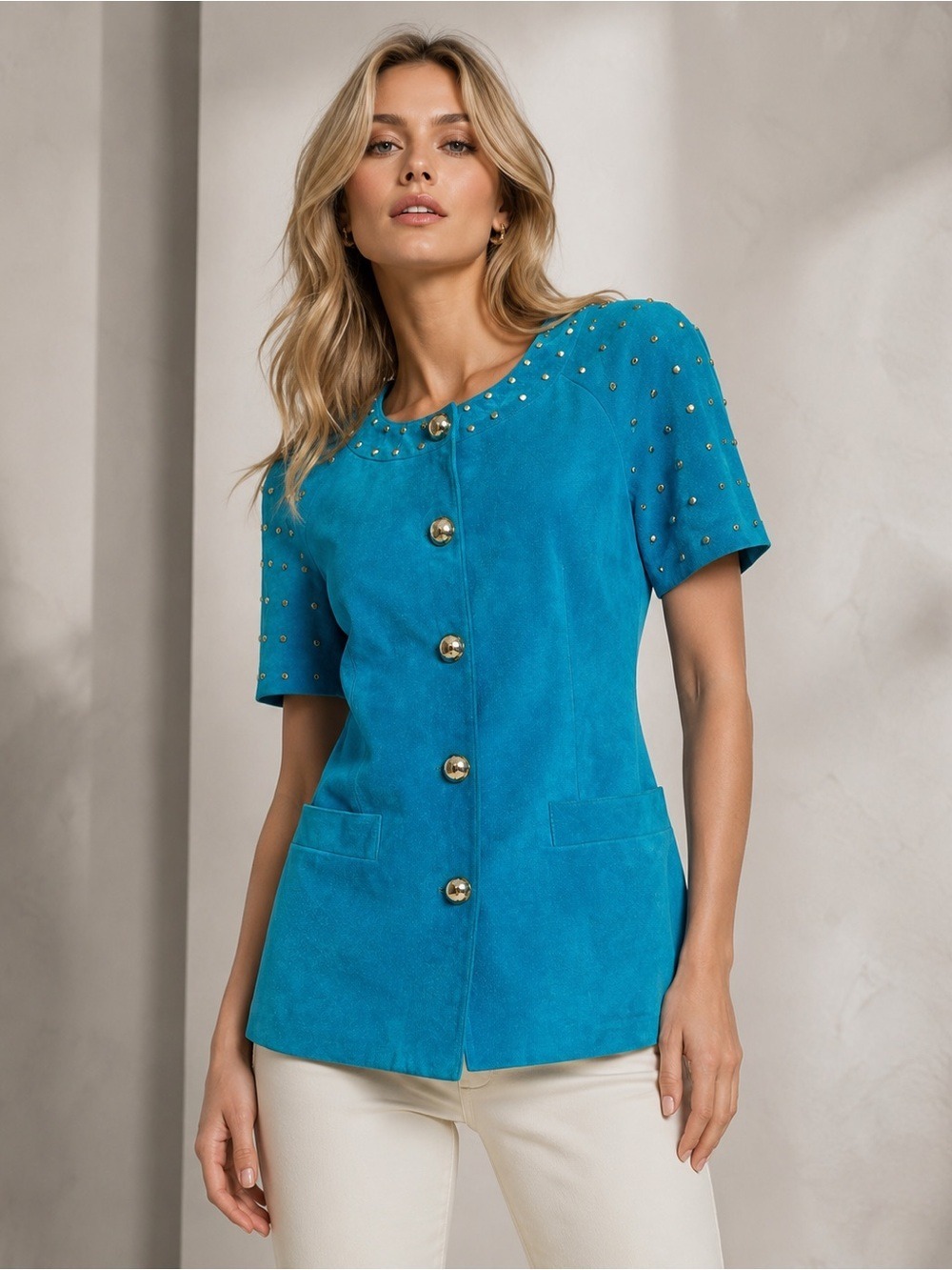 Danier Leather vintage blue suede short sleeve gold studded jacket Sz S